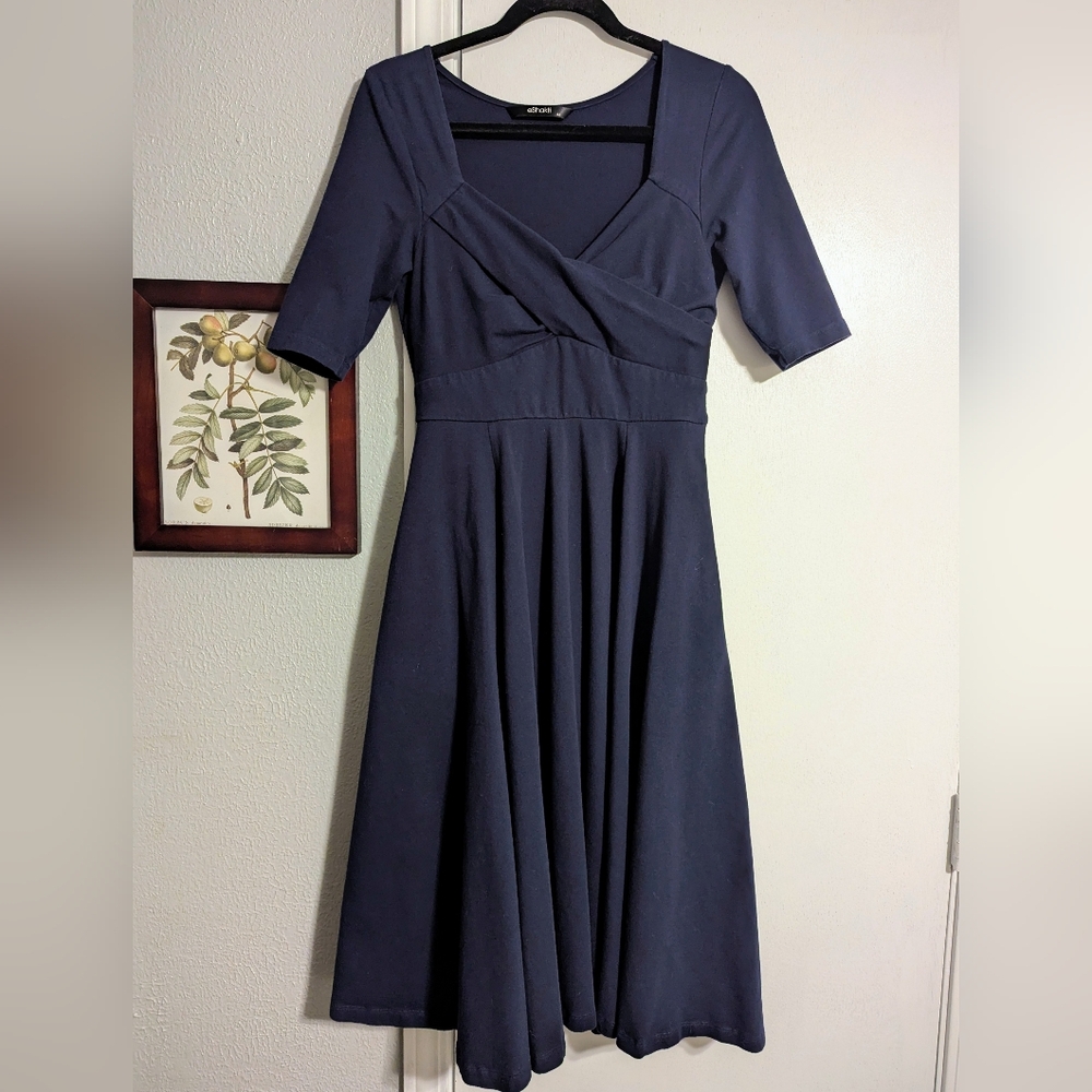 eShakti Knit Navy Blue Sweetheart Neckline Elbow-length Sleeve Midi Dress Size 6